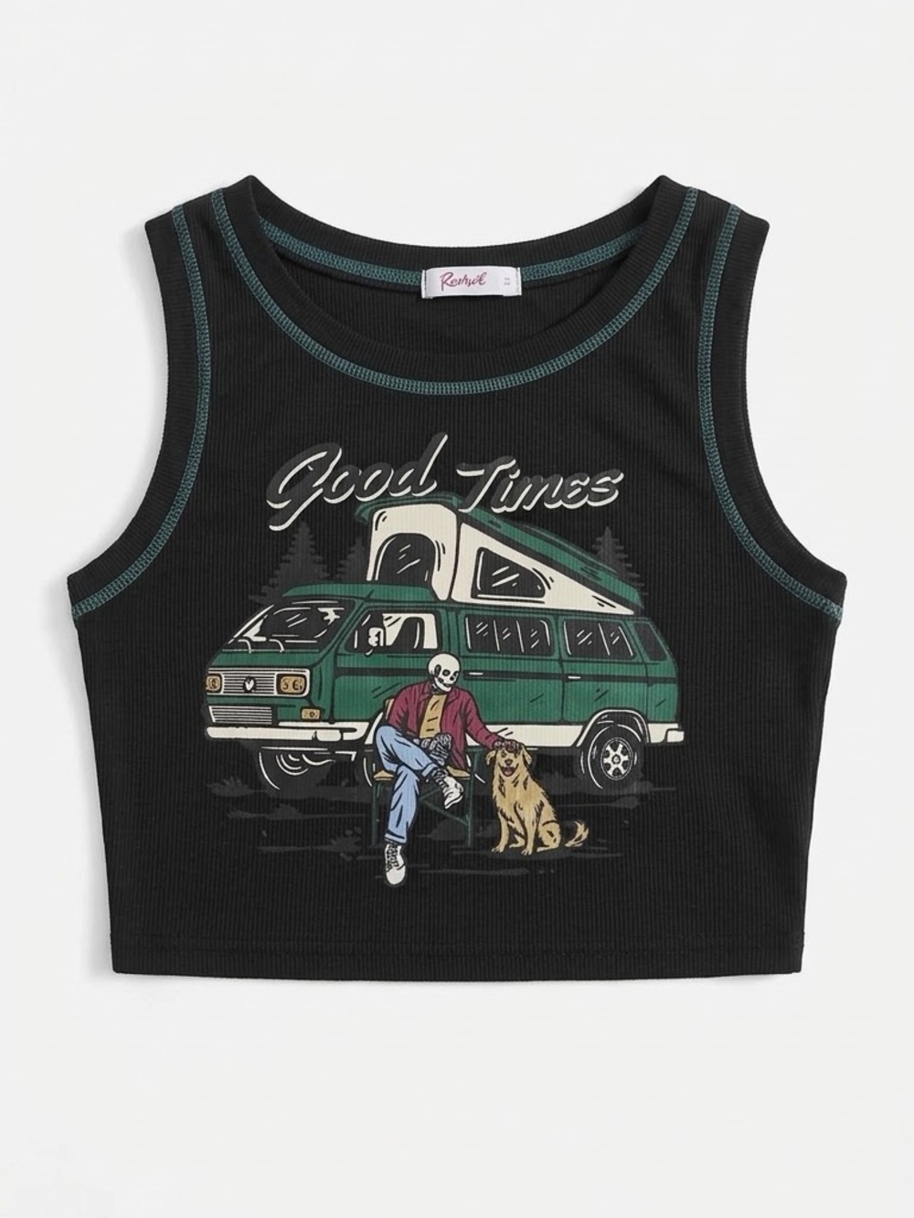 ROMWE Good Times Camper Van Graphic Crop Tank Top Black Ribbed Women’s Small